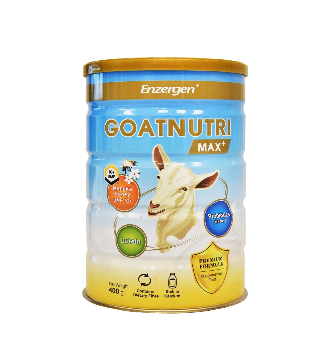 Product image of Goatnutri MAX+ Goat Milk Powder from KiwiCorp – enriched goat milk with Manuka Honey, Probiotics, and Lutein.