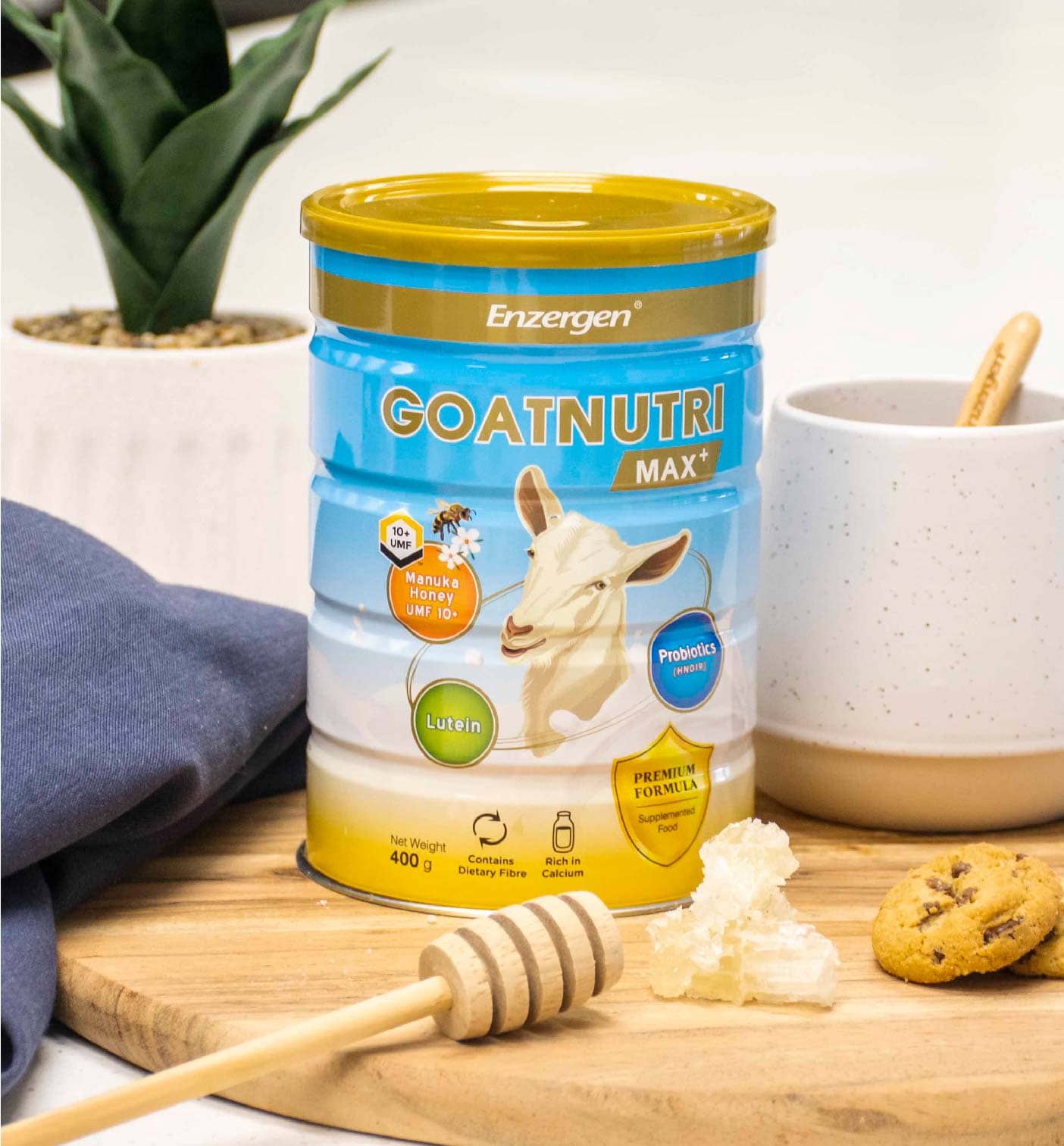 Product image of Goatnutri MAX+ Goat Milk Powder from KiwiCorp – enriched goat milk with Manuka Honey, Probiotics, and Lutein.